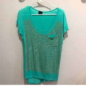 Gold bedazzled turquoise shirt